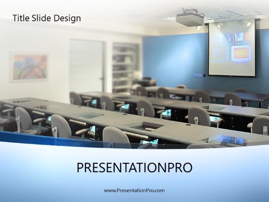 Training Room Blue PowerPoint Template title slide design