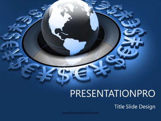 World Currency Globe Blue PowerPoint Template title slide design