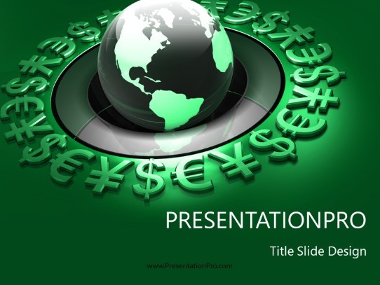 World Currency Globe Green PowerPoint Template title slide design