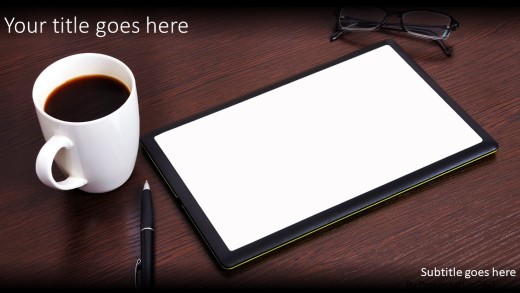 Tablet On Desk Widescreen PowerPoint Template title slide design