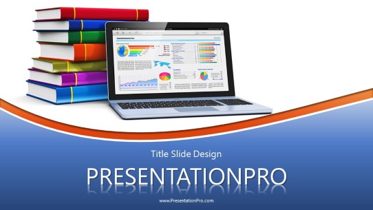Laptop And Books Blue Widescreen PowerPoint Template title slide design