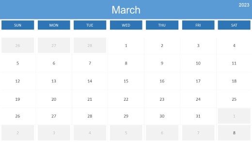 2023 Calendar Monthly March PowerPoint PPT Slide design