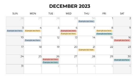 2023 Calendars Monthly Sunday December PowerPoint PPT Slide design