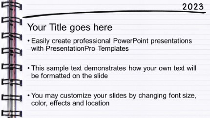 2023 Spiral Notebook Widescreen PowerPoint Template text slide design